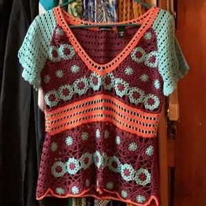 Moda international crocheted short sleeve sweater
